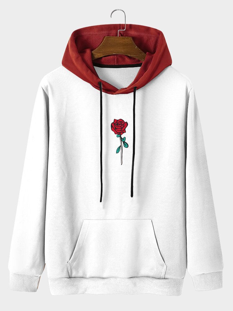 Sweat À Capuche Avec Cordon De Serrage Et Motif Rose Pour Homme Avec Poche Kangourou