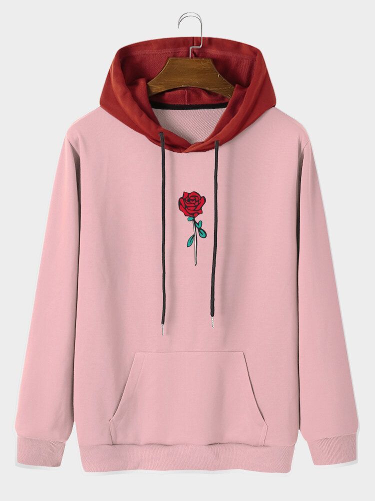 Sweat À Capuche Avec Cordon De Serrage Et Motif Rose Pour Homme Avec Poche Kangourou