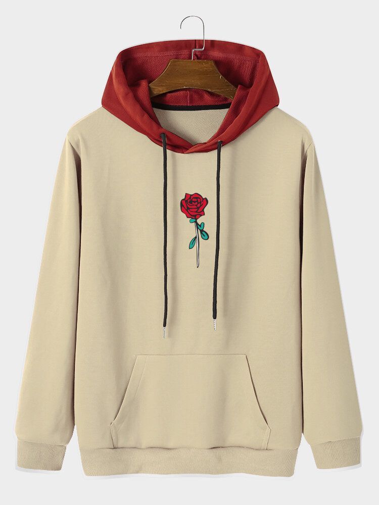 Sweat À Capuche Avec Cordon De Serrage Et Motif Rose Pour Homme Avec Poche Kangourou