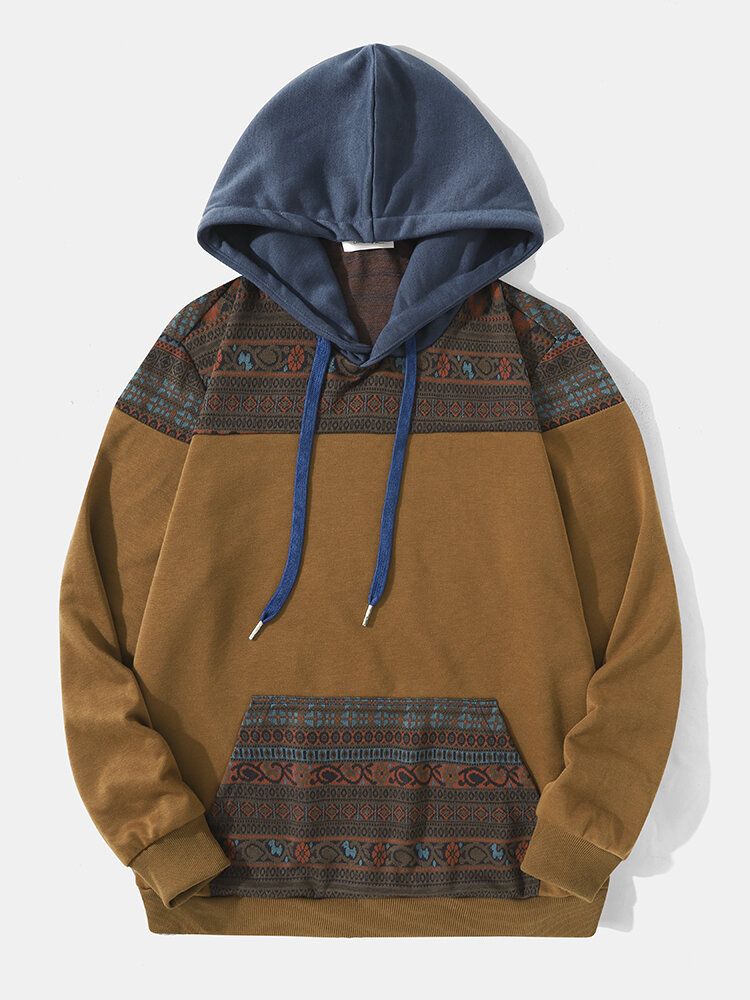 Sweat À Capuche Avec Poche Kangourou À Motif Patchwork Ethnique Pour Hommes