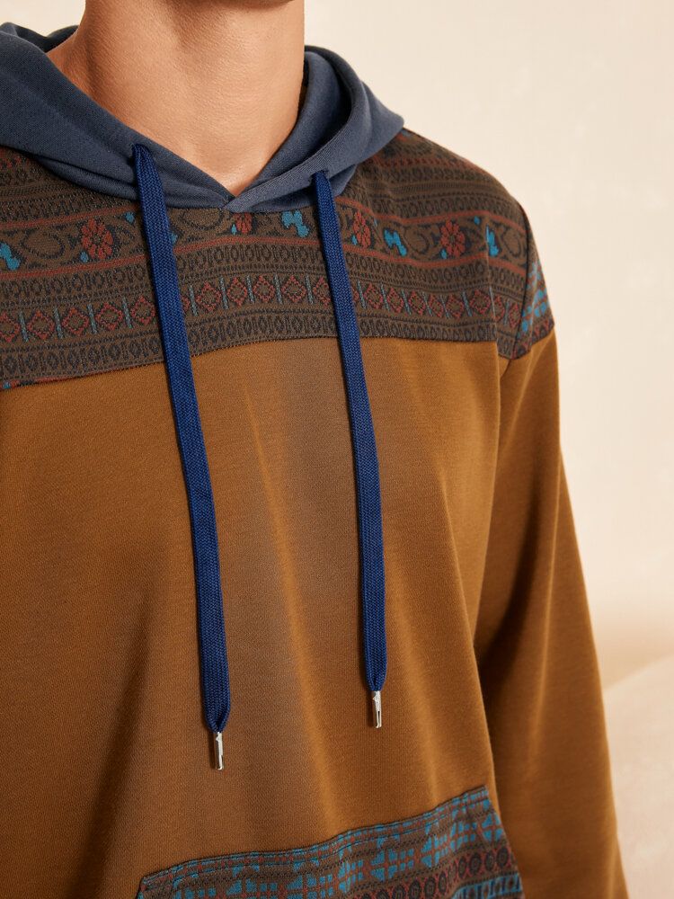 Sweat À Capuche Avec Poche Kangourou À Motif Patchwork Ethnique Pour Hommes