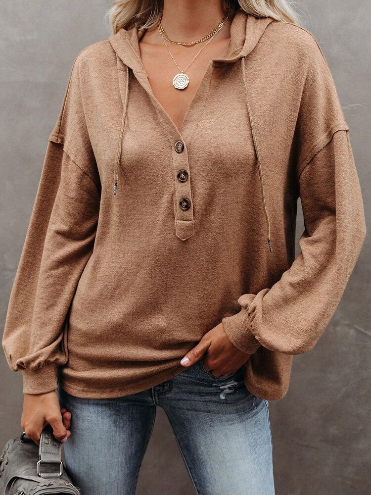 Sweat À Capuche Couleur Unie Pour Femme Avec Demi-bouton Et Épaules Tombantes