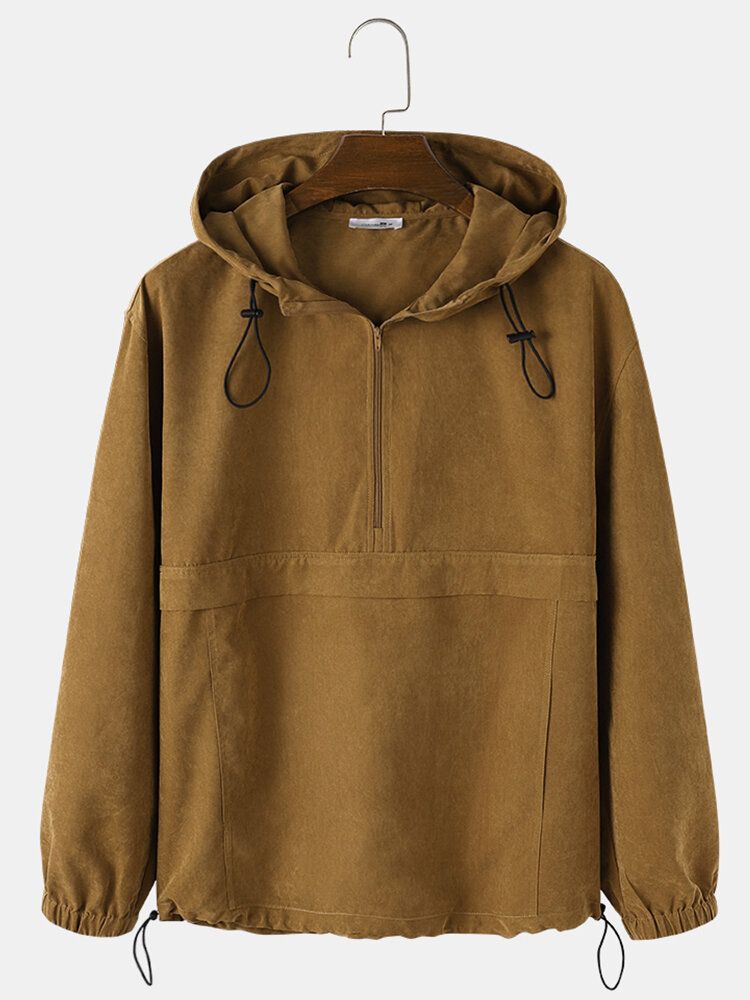 Sweat À Capuche Couleur Unie Pour Homme Avec Demi-fermeture Éclair Et Poche Kangourou