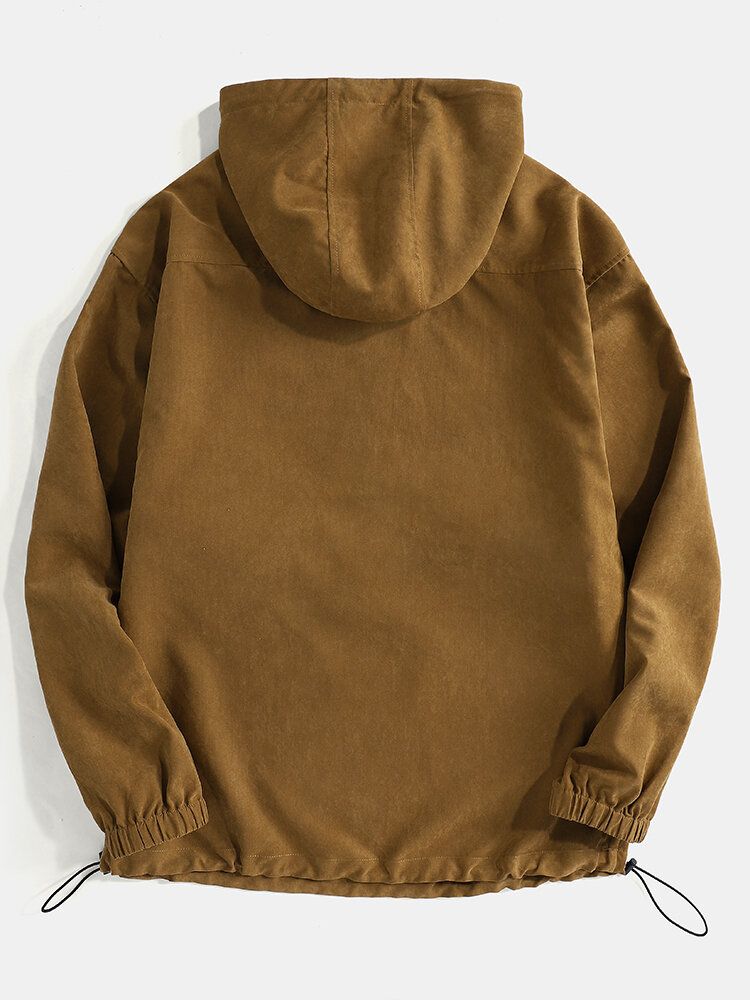 Sweat À Capuche Couleur Unie Pour Homme Avec Demi-fermeture Éclair Et Poche Kangourou