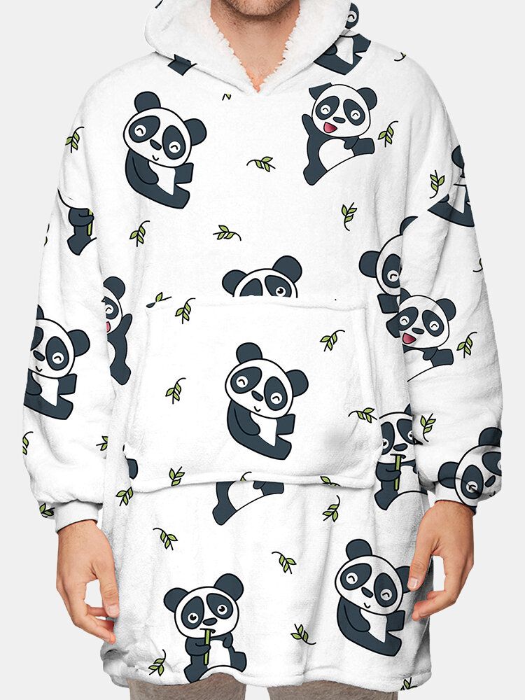 Sweat À Capuche Couverture Double Face Surdimensionné En Flanelle Imprimée Panda Mignon Pour Homme Avec Poche