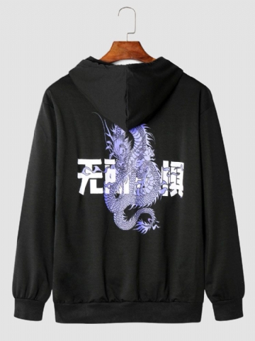 Sweat À Capuche Décontracté Avec Poche Kangourou Chinois Imprimé Dragon Pour Hommes