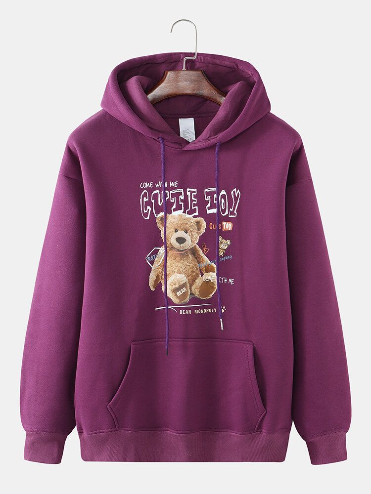 Sweat À Capuche Décontracté Épais En Velours Imprimé Ours Mignon Pour Homme