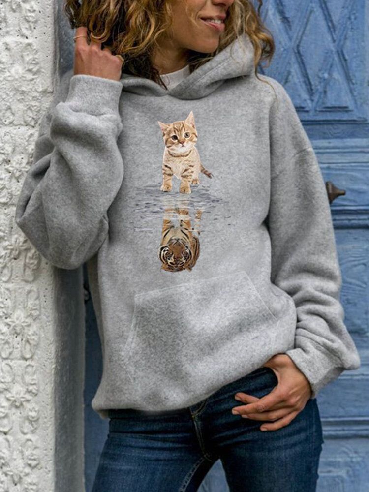 Sweat À Capuche Décontracté À Manches Longues Et Imprimé Chat Mignon Pour Femmes