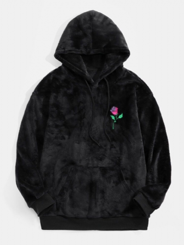 Sweat À Capuche Noir En Peluche Avec Broderie Rose Pour Homme Avec Poche