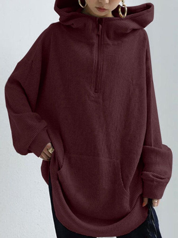 Sweat À Capuche Rétro Ample Avec Poche Avant De Couleur Unie Pour Femmes