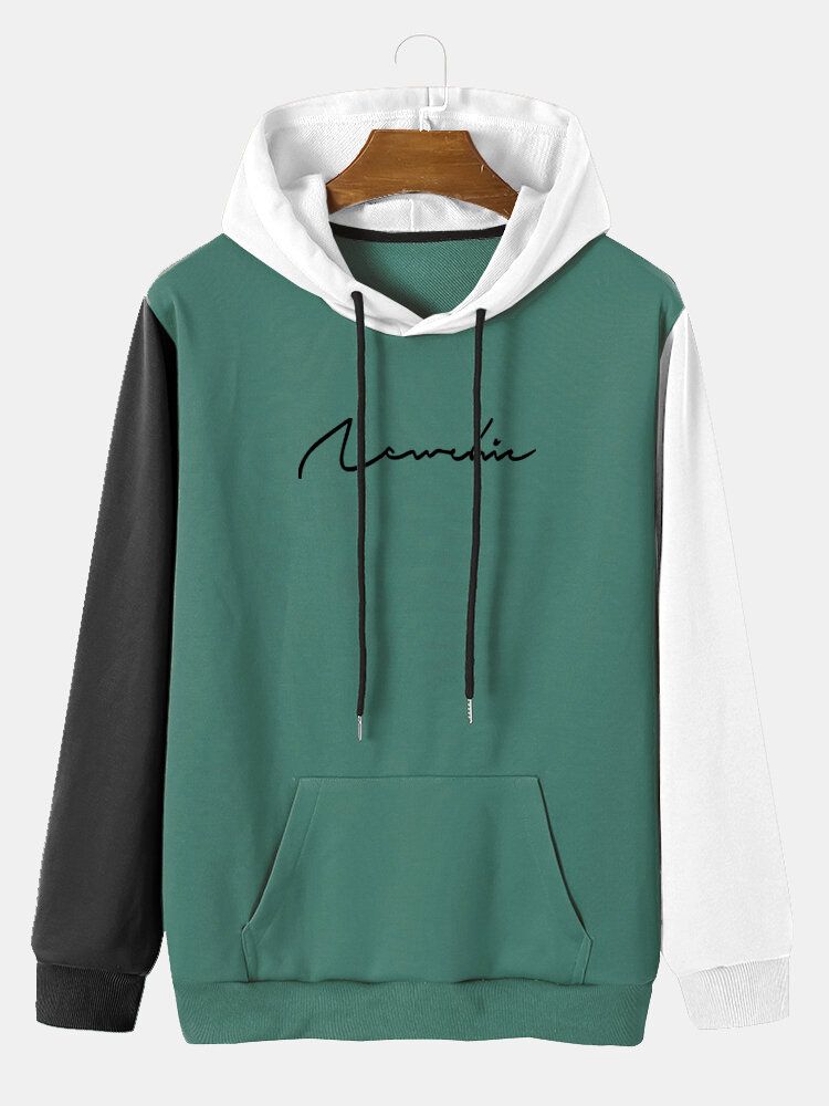 Sweat À Capuche Rétro Patchwork Vert Lettre Pour Homme