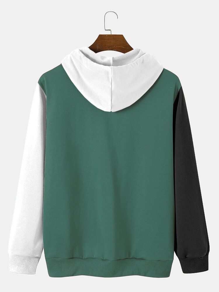 Sweat À Capuche Rétro Patchwork Vert Lettre Pour Homme