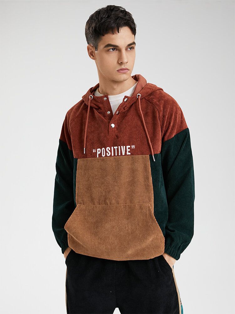 Sweat À Capuche En Velours Côtelé Patchwork De Couleur Contrastée Pour Hommes