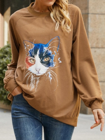 Sweat-shirt Ample Décontracté À Col Rond Et À Imprimé Chat Pour Femmes