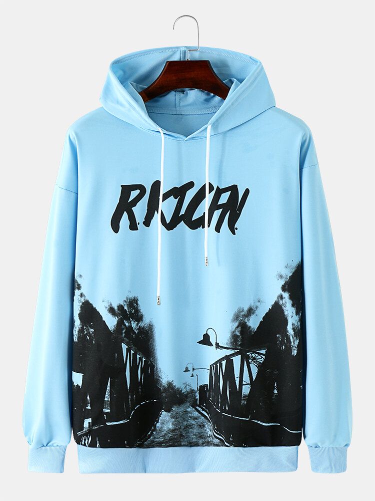 Sweat-shirt À Capuche Avec Cordon De Serrage Et Motif Imprimé Paysage Pour Hommes