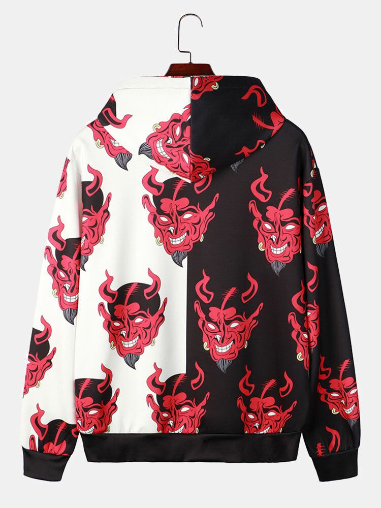 Sweat-shirt À Capuche Patchwork Imprimé Diable D'halloween Pour Homme Avec Poche Kangourou