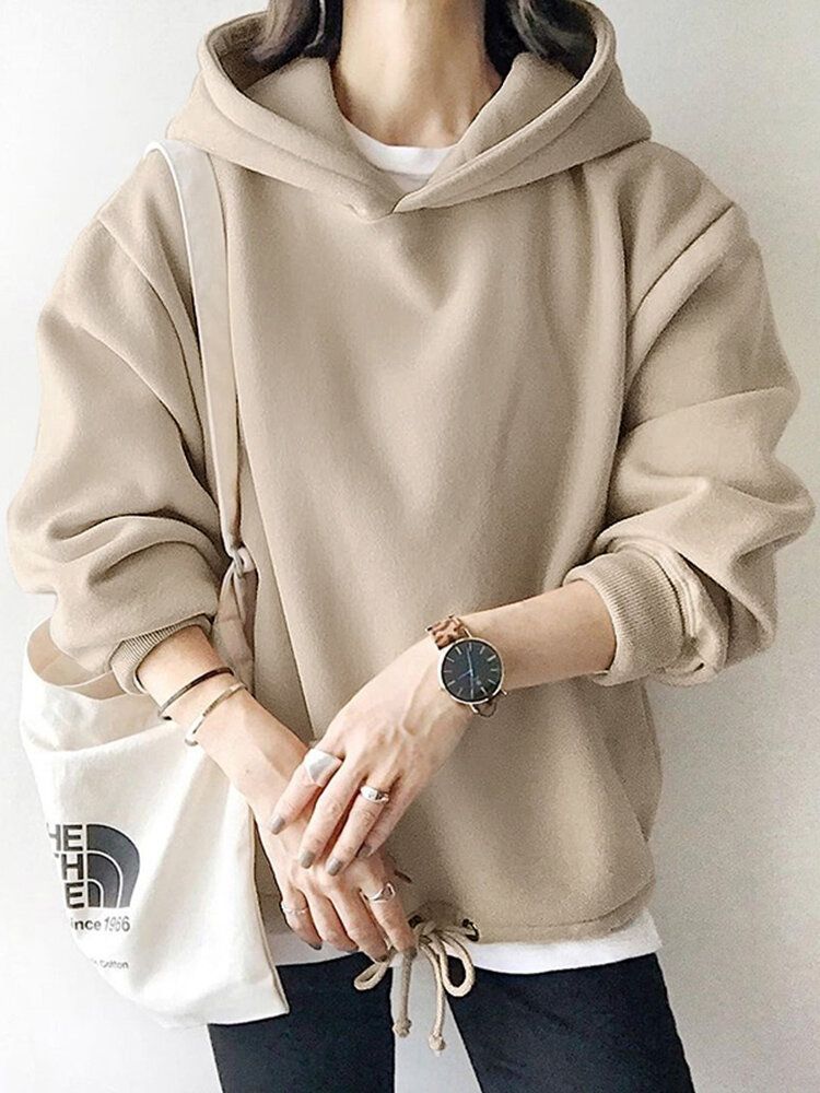 Sweat-shirt À Capuche Solide À Taille Élastique Avec Cordon De Serrage Pour Femme