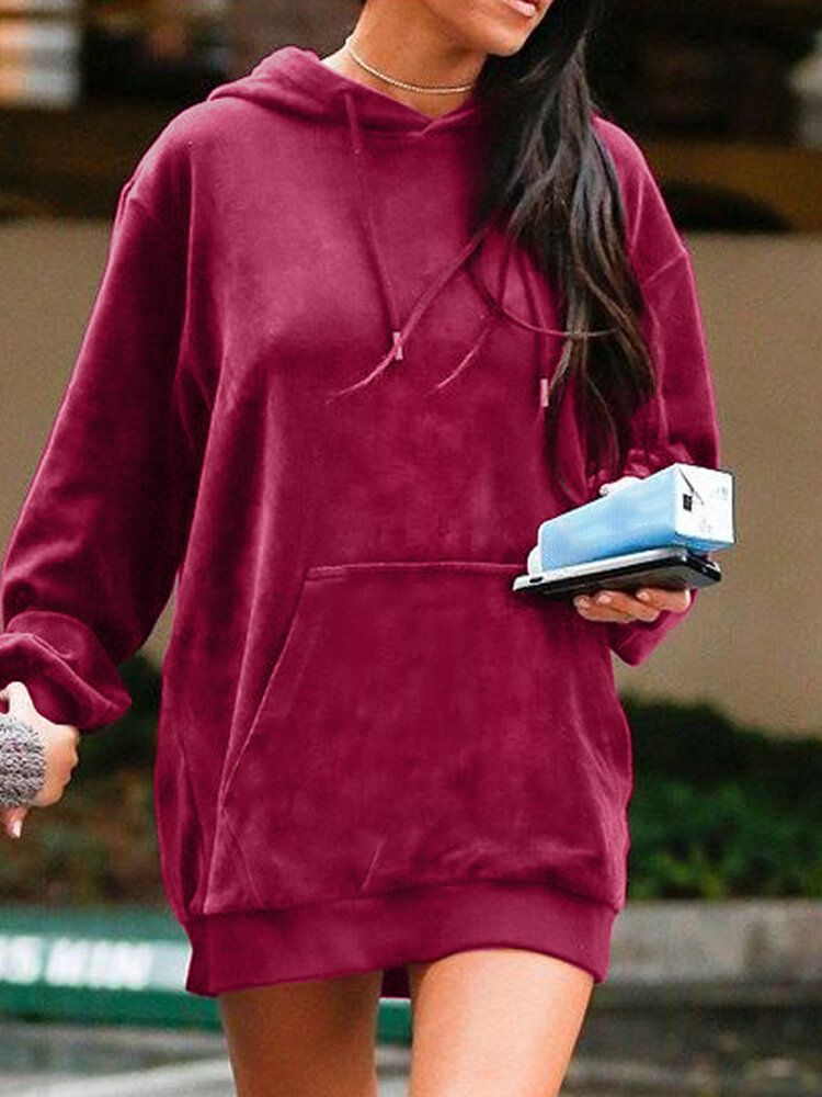 Sweat-shirt En Velours Simple À Manches Bouffantes Pour Femmes Avec Poche Avant