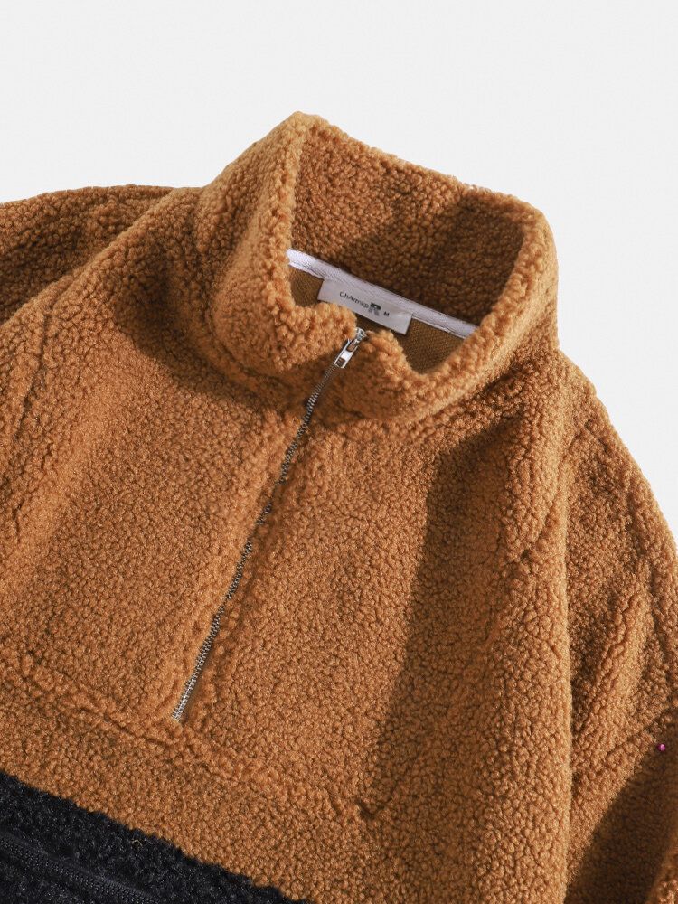 Sweat-shirts À Col Montant Avec Patchwork Contrastant En Peluche Pour Hommes