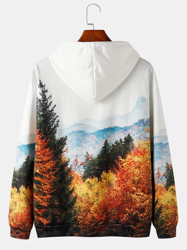 Sweats À Capuche Avec Cordon De Serrage Et Imprimé Paysage Forestier Pour Hommes Avec Poche