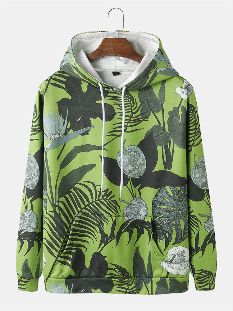 Sweats À Capuche Avec Cordon De Serrage Et Imprimé De Plantes Tropicales Pour Hommes Avec Poche Kangourou