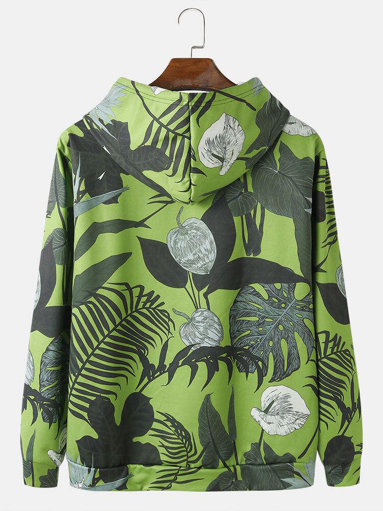 Sweats À Capuche Avec Cordon De Serrage Et Imprimé De Plantes Tropicales Pour Hommes Avec Poche Kangourou