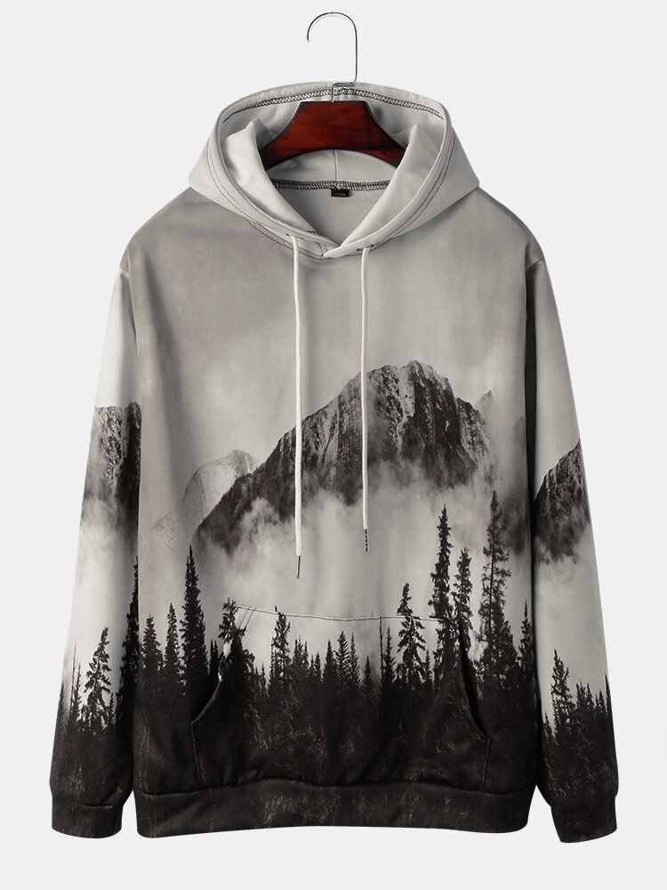 Sweats À Capuche Avec Cordon De Serrage Imprimé Paysage De Montagne Pour Homme Avec Poche Kangourou