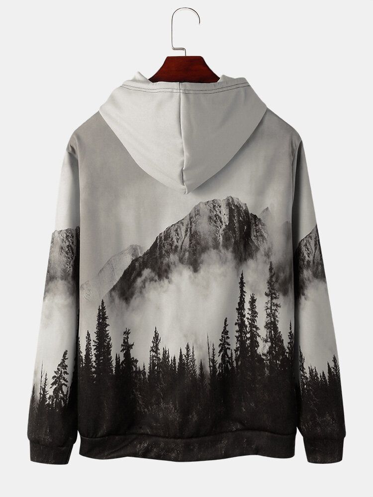 Sweats À Capuche Avec Cordon De Serrage Imprimé Paysage De Montagne Pour Homme Avec Poche Kangourou