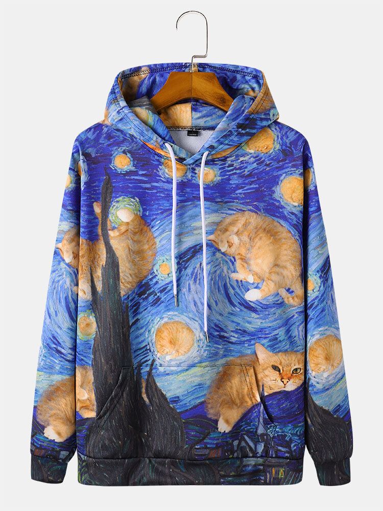 Sweats À Capuche Avec Cordon De Serrage Imprimés De Peinture De Chat Pour Hommes Avec Poche