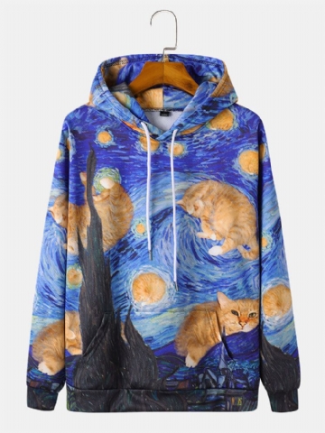 Sweats À Capuche Avec Cordon De Serrage Imprimés De Peinture De Chat Pour Hommes Avec Poche