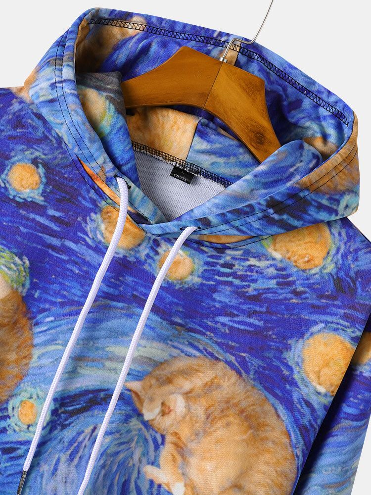 Sweats À Capuche Avec Cordon De Serrage Imprimés De Peinture De Chat Pour Hommes Avec Poche