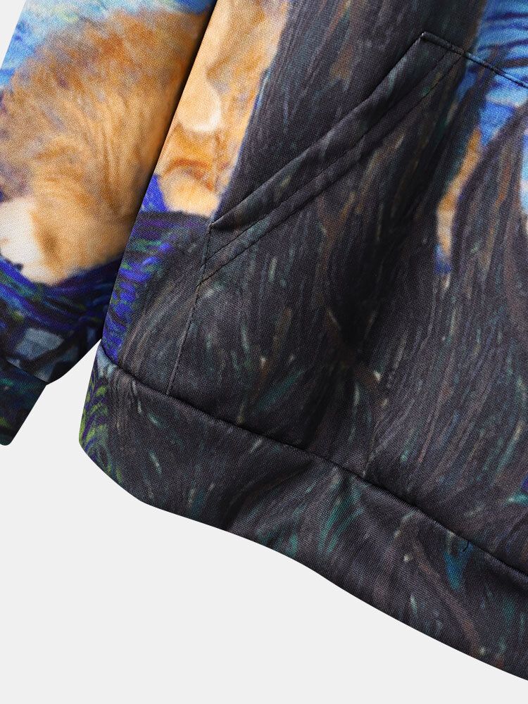 Sweats À Capuche Avec Cordon De Serrage Imprimés De Peinture De Chat Pour Hommes Avec Poche