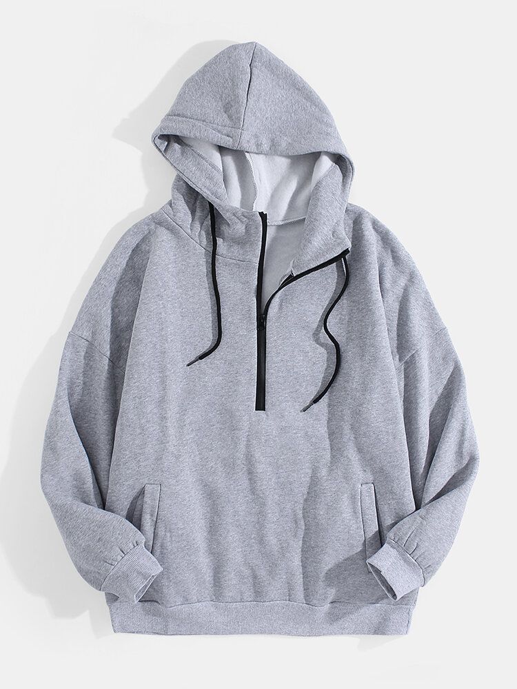 Sweats À Capuche Avec Cordon De Serrage Solide En Coton À Demi-fermeture Éclair Pour Hommes Avec Poche