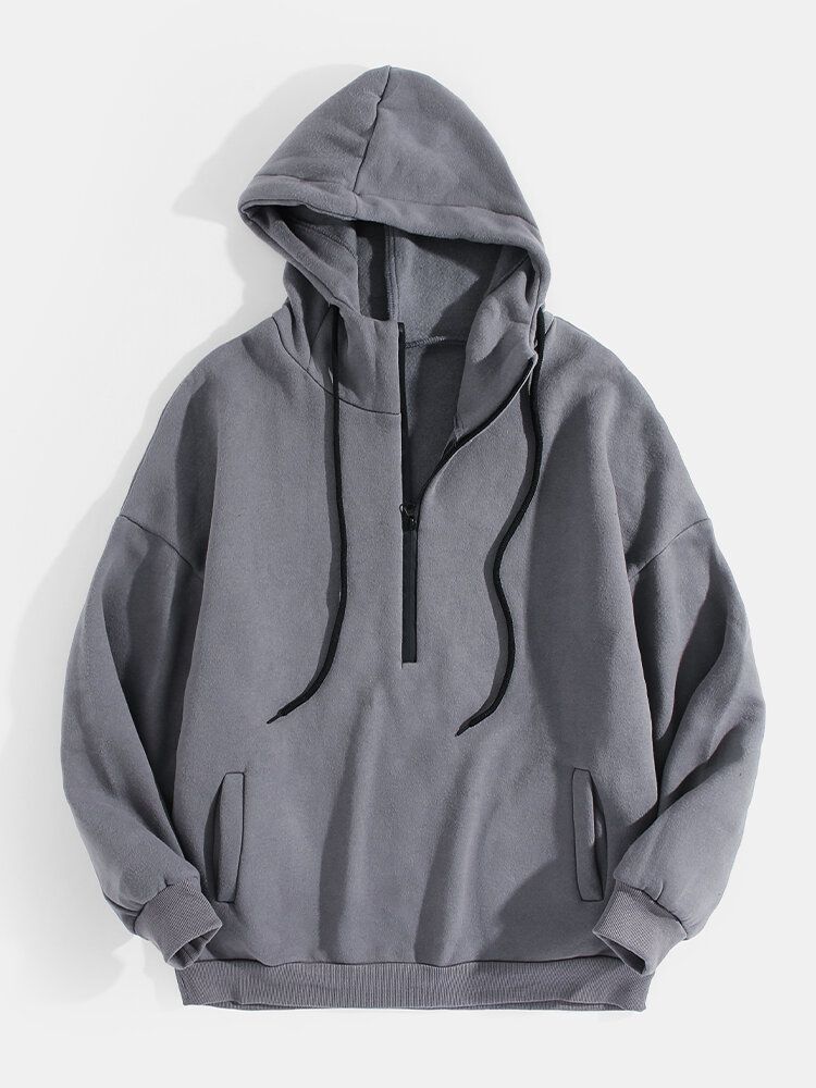 Sweats À Capuche Avec Cordon De Serrage Solide En Coton À Demi-fermeture Éclair Pour Hommes Avec Poche