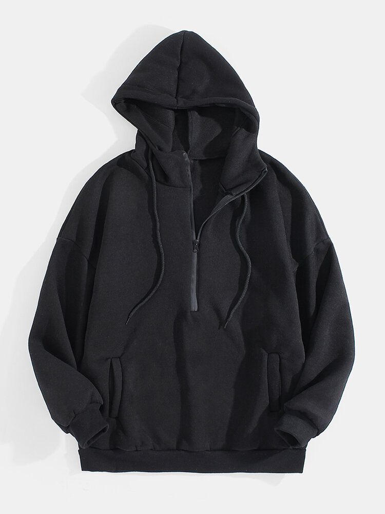 Sweats À Capuche Avec Cordon De Serrage Solide En Coton À Demi-fermeture Éclair Pour Hommes Avec Poche