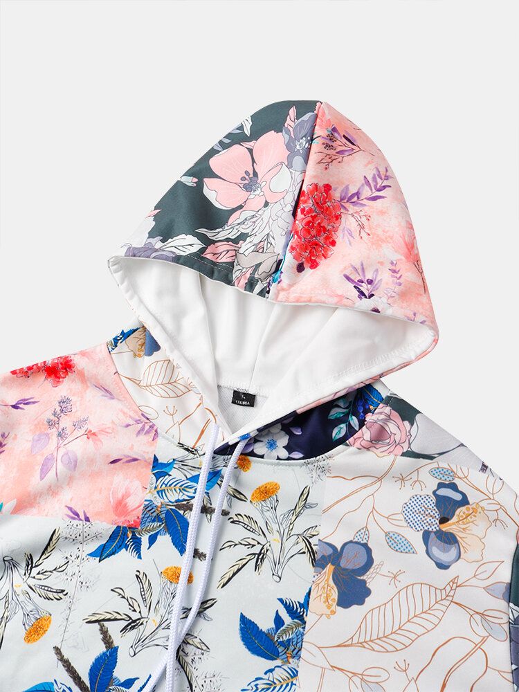 Sweats À Capuche Avec Poche Kangourou À Imprimé Floral Colorblock Pour Hommes