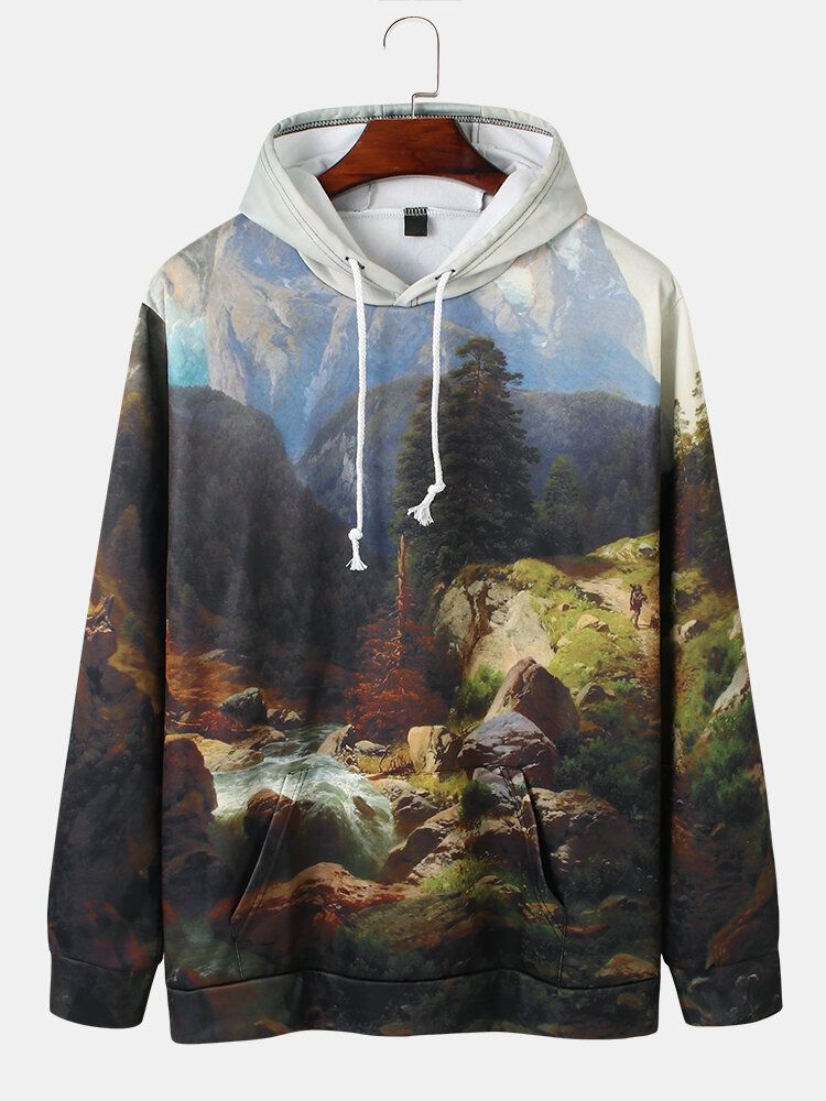 Sweats À Capuche Chauds Avec Cordon De Serrage Et Impression De Paysage Forestier Pour Hommes Avec Poche