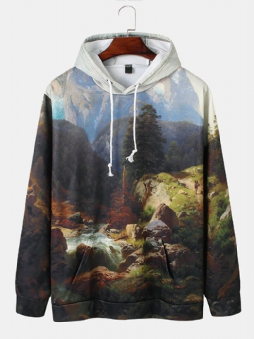 Sweats À Capuche Chauds Avec Cordon De Serrage Et Impression De Paysage Forestier Pour Hommes Avec Poche