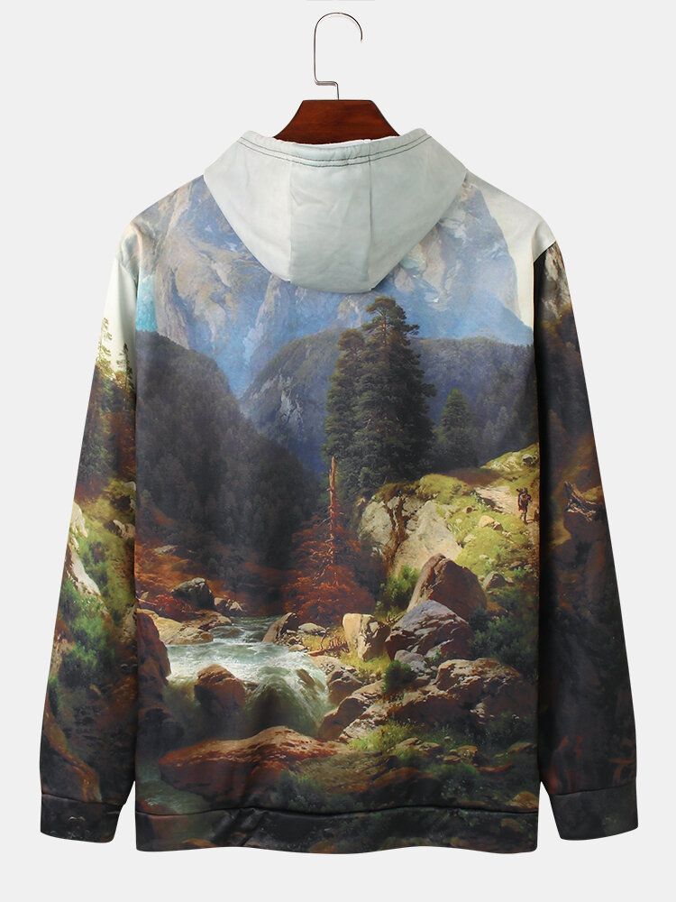 Sweats À Capuche Chauds Avec Cordon De Serrage Et Impression De Paysage Forestier Pour Hommes Avec Poche