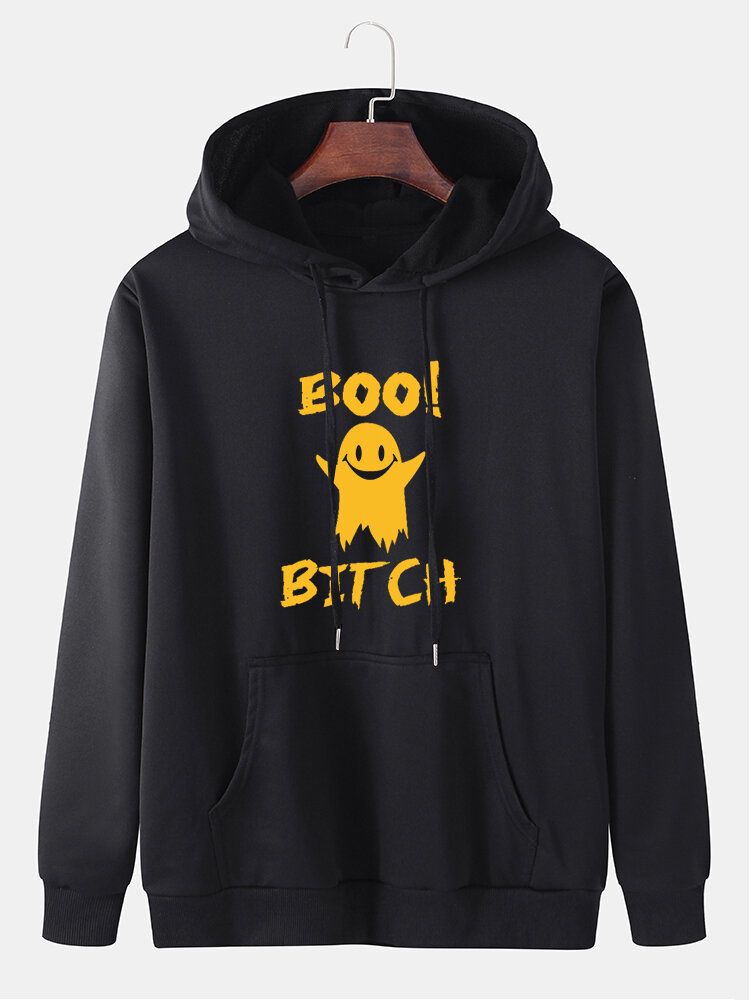 Sweats À Capuche En Coton Avec Cordon De Serrage Et Lettre Fantôme Pour Hommes Avec Poche Kangourou