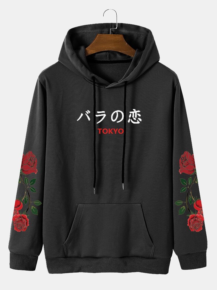 Sweats À Capuche Décontractés Avec Poche À Cordon Et Lettre Japonaise Rose Pour Hommes