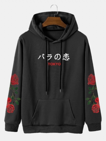 Sweats À Capuche Décontractés Avec Poche À Cordon Et Lettre Japonaise Rose Pour Hommes