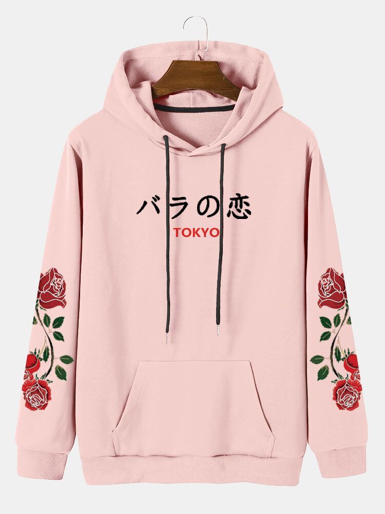 Sweats À Capuche Décontractés Avec Poche À Cordon Et Lettre Japonaise Rose Pour Hommes