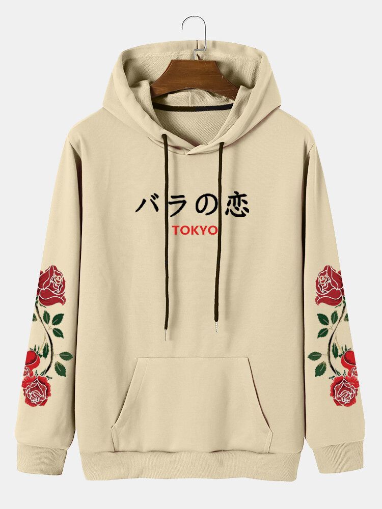 Sweats À Capuche Décontractés Avec Poche À Cordon Et Lettre Japonaise Rose Pour Hommes