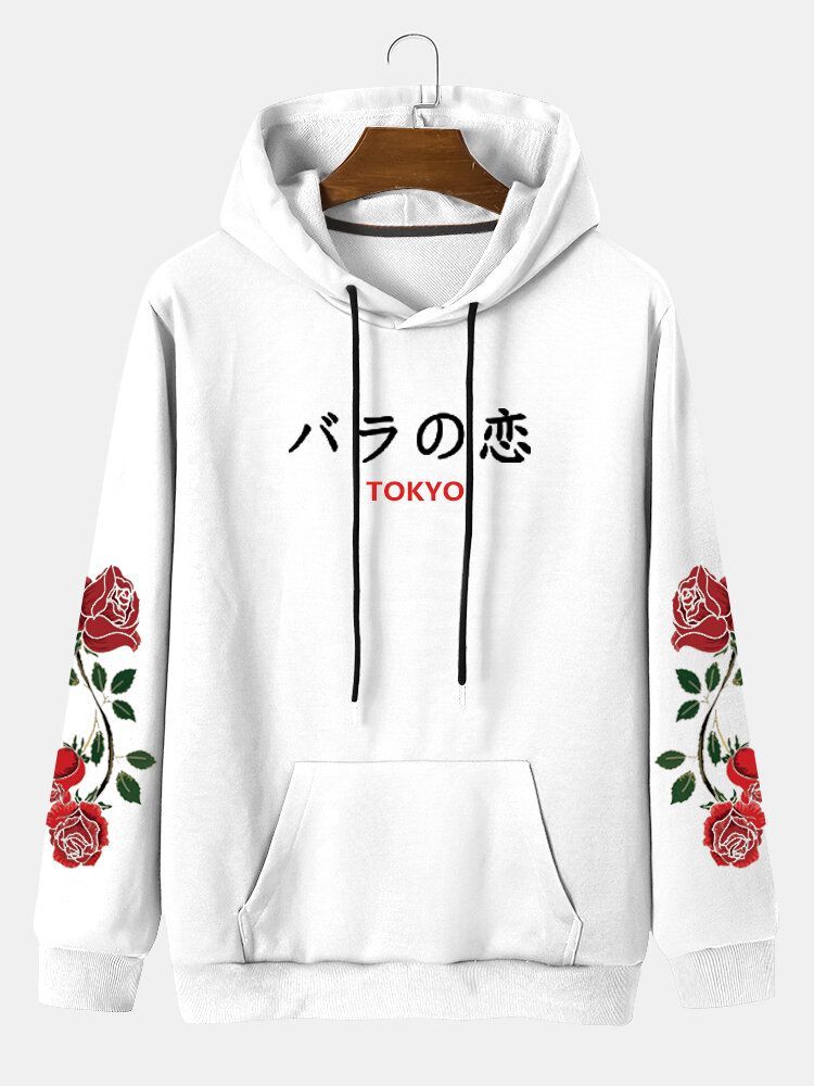 Sweats À Capuche Décontractés Avec Poche À Cordon Et Lettre Japonaise Rose Pour Hommes