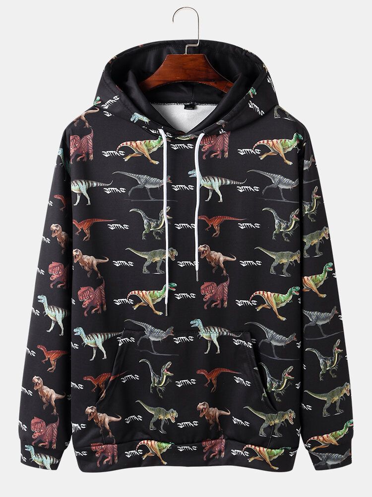 Sweats À Capuche Noirs Avec Cordon De Serrage Imprimé Dinosaure Pour Hommes Avec Poche Kangourou