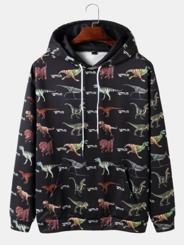 Sweats À Capuche Noirs Avec Cordon De Serrage Imprimé Dinosaure Pour Hommes Avec Poche Kangourou