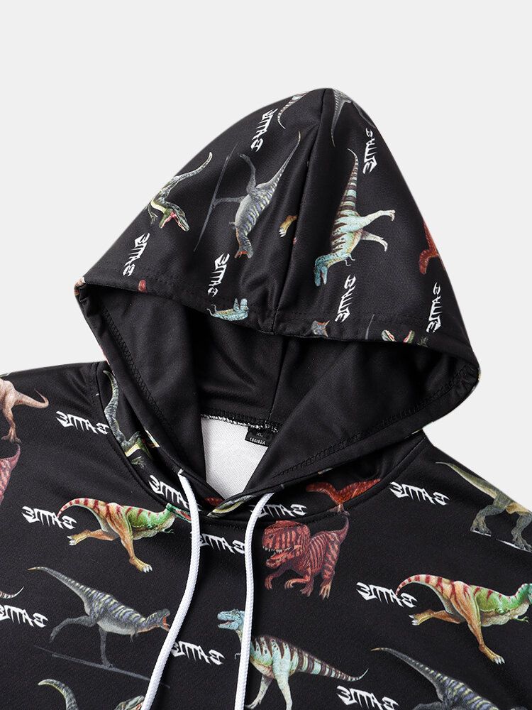 Sweats À Capuche Noirs Avec Cordon De Serrage Imprimé Dinosaure Pour Hommes Avec Poche Kangourou