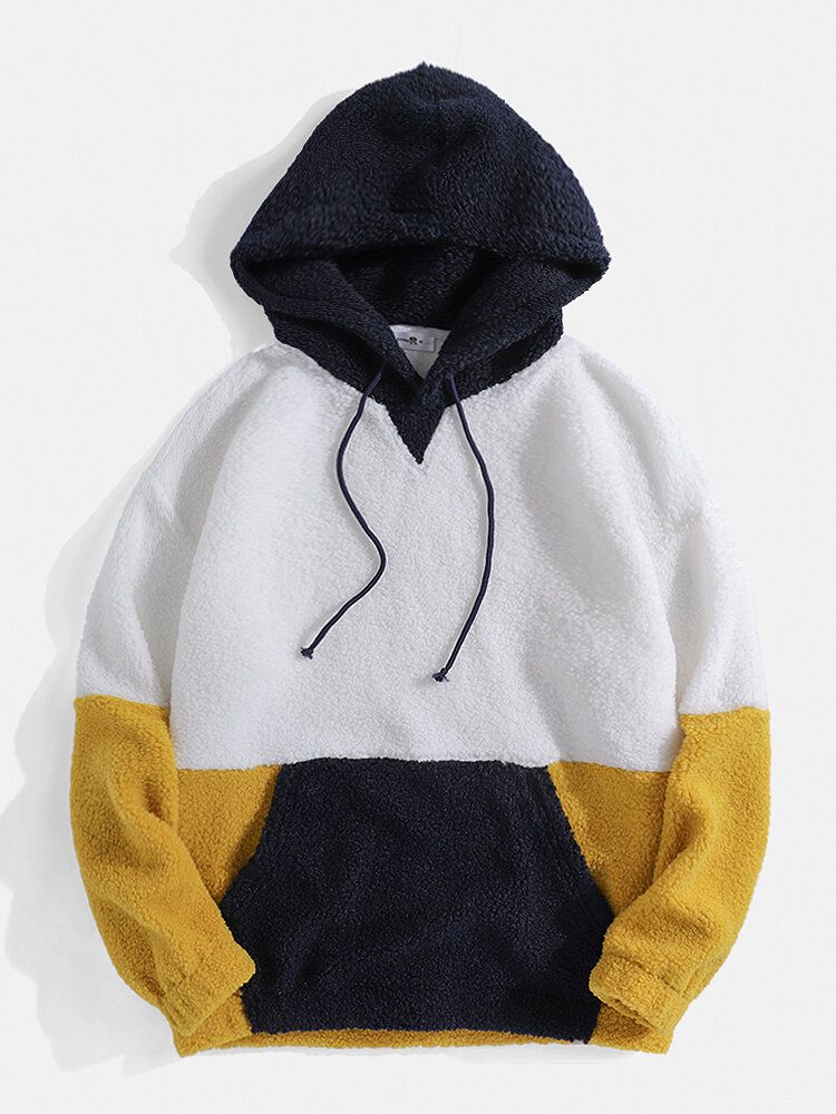 Sweats À Capuche En Peluche Avec Poche Kangourou Et Patchwork De Couleurs Contrastées Pour Hommes