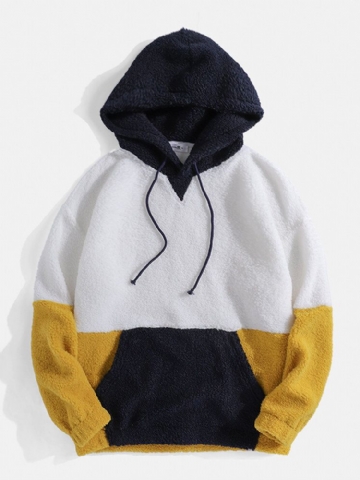 Sweats À Capuche En Peluche Avec Poche Kangourou Et Patchwork De Couleurs Contrastées Pour Hommes